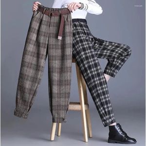 Kadın Pantolon Yünlü Ekose Harem Kadınlar Sonbahar Kış Kalın Gevşek Yün Pantolonları Kore Yüksek Bel Tokisinde Pantalonlar Kadın Ayak Bileği Uzunluk Pantolon
