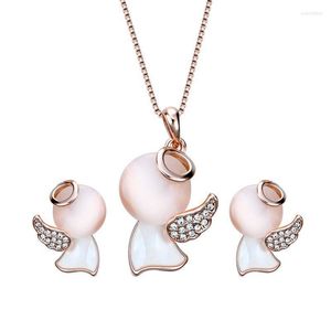 Necklace Earrings Set HC Lovely Opal Crystal Women's Cute Angel Pendant Girl Children Party Gift Kids Birthday Jewelry Trend