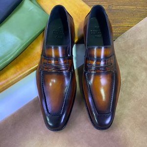 Мужская деловая обувь для поездок на работу. Высококлассные мужские деловые туфли Lefu с верхом из воловьей кожи и подошвой из натуральной кожи с перекладиной из кожи крокодила.