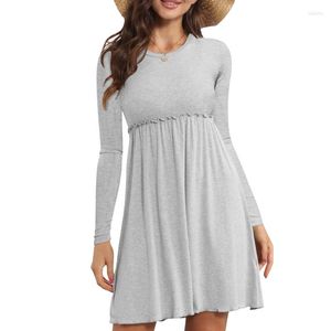 Casual Dresses Women Solid Color O-Neck Long Sleeve Ruffled Empire Waist Rib Flowy Mini Dress