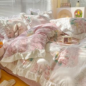 Bedding Sets Four-Piece PastoralStyle Pure Cotton RetroSimple Quilt Cover High-Grade Bed Sheet Fitted With Lotus Leaf Heat Warm