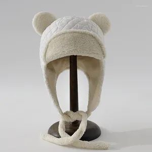 Berets Autumn And Winter Cute Bear Ears Plush Bomber Hats For Women Outdoor Fashion Warm Japanese Retro Plaid Strap Flying Caps