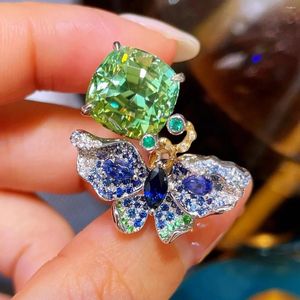 Cluster Rings Fashion Ladies Luxury Temperament Mint Green Tourmalin Zirconia Retro Butterfly Cocktail Ring White Gold Plated Crystal