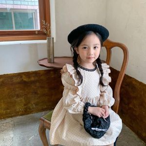 Girl Dresses 2023 Autumn And Winter Girls' Wavelet Dot Skirt Small Fresh Korean Lace Bubble Sleeve