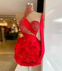 Vestido de coquetel vermelho, vestido de festa de baile, plus size, zíper, nova formatura personalizada, direto acima do joelho, mini manga comprida, gola alta, organza