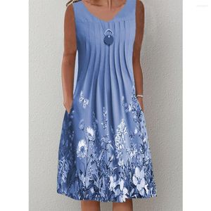 Vestidos casuais verão feminino vestido de tanque mangas com decote em véspera de decote lamies moda moda de rua impressão curta vintage azul vestidos