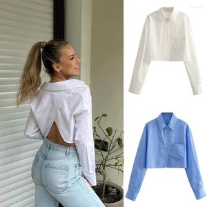 Blusas femininas camisa de verão unizera tendência casual all-match volta fenda design lapela manga comprida curto feminino 3067041