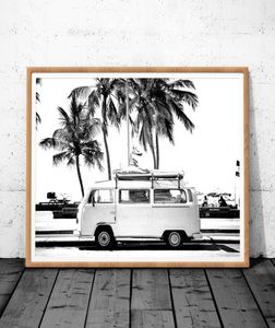 Vintage Coastal Pography Print Retro Bus Van Camper and Black Palm Tree Canvas Målning Wall Picture Coastal Art Decor4375580