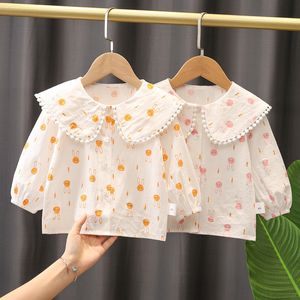 Barnskjorta Baby Girl Spring and Autumn Cartoon Rabbit Print Shirt Cotton Long Sleeve Polo Top Korean Children's Clothing 230403