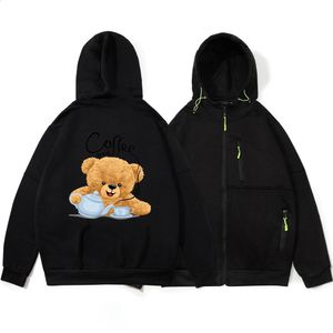 Männer Jacken Kaffee Pause Teddybär Machen Hoodies Männer Oversize Zipper Sweatshirt Herbst Lose Kleidung Zip Up Hip Hop Hoody 231102