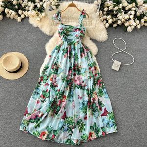 Ethnic Style Waist Wrapped Slim Lace Up Dress Summer French chic stunning floral first love dress