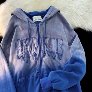 Kadın Ceketler Boya Baskı Nakış Mektubu Y2K Zip Up Hoodie Kadınlar Sonbahar Kış Boyu Kollu Kapşonlu Sweatshirt Fermuar Gotik Ceket 231102