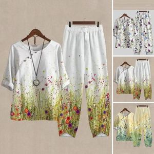 Running Sets Summer Two Piece Womens Outfits O Neck Flower Print Loose Short Sleeve Shirt High Waist Pants Suit 2023