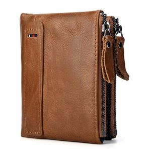 Wallets Men Cowhide Double Zipper Clutch Wallet Cash Clip Coin Pocket Holder Oil Wax Genuine Leather Small Purse Money Bag1