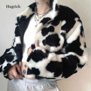 Giubbotti da donna Harajuku Carino Donna Peluche Inverno Caldo Mucca Pois Giacca soffice Oversize Capispalla accogliente Fuzzy Crop