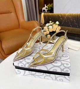 Kvinnors modedesigner High Heel Sandals Fashion Gold Button Slide äkta läder Sydd klänningskor SHOW Party Wedding Shoes Heel 8.5cm Storlek 35-43