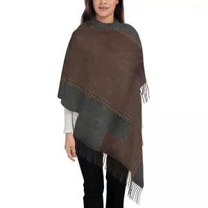 Шарфы Винтажный черный и коричневый сшитый кожаный шарф для женщин Стильная зимняя шаль накидки в средневековом стиле с кисточкой