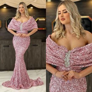 Glamorous Mermaid Prom Dresses Off the Should Shining Paillettes Ruffles Court Gown Custom Made Zipper Party Dress Plus Size Vestido De Noite