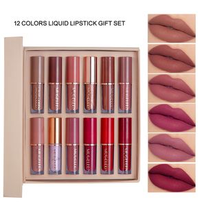 12pcs/set With Gift Box Sexy Long Lasting Velvet Matte Lip Gloss Liquid Lipstick Lip Makeup Women Beauty Red Nonstick Cup Waterproof Lip Gloss