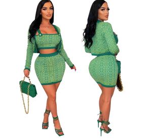 Designer Casual Dresses Women's Three Piece Skirts High Wasit Set Knitting Tops Blouses Wide Trousers Suit