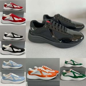 Sapatos de desenhista Homens Americas Cup Sapatilhas Treinador de Couro Patente Plana Preto Azul Malha Nylon Sapatos Casuais Com Caixa NO53