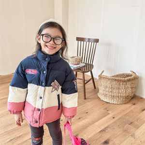 Jackor 2023 Winter Baby Down Coat Fashion Letter Brodery Infant Girls Patchwork Padded Jacket Småbarn pojkar tjocka varma kläder