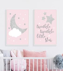 Doce rosa lua estrelas berçário arte pintura em tela fotos de parede cartazes e impressões para o bebê meninas quarto decoração casa7416398