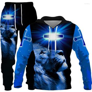 Tracksuits masculinos dois peça conjunto cristão bíblia fé jesus deus hoodie / terno legal 3d leão impresso streetwear casal roupas jogging tracksuit