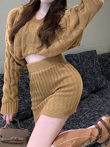 Two Piece Dress HELIAR Women Ribbed Skirts Sets Knitted Hooded Sweater And High Waist Bodycon Skirt Two Pieces Sets Women Autumn Winter 230403