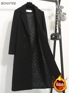 Damen-Mäntel aus Wollmischung, Winter, Schwarz, XL, minimalistisch, gekerbt, zweireihig, verdickt, elegantes Temperament, Büro, Damen, britisch, Ins 231102