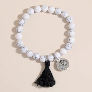 Strand Natural Stone om Buddha Charm Mala Armband 8mm White Howlite Tassel Turkoois Beads Women Yoga Bönarmband armband