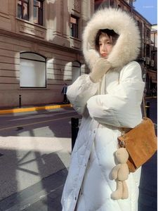 Women's Trench Coats White Big Fur Hooded Overcoat X-long Cotton Padded Coat Korean Fashion Style Jackets Female 2023 Winter Warm Outwear