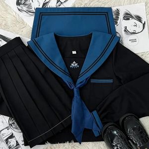 Work Dresses Japanese School Girl JK Uniform Skirts Suit Women Bow Sailor Blouses Pleated Short Skirt Navy Costumes