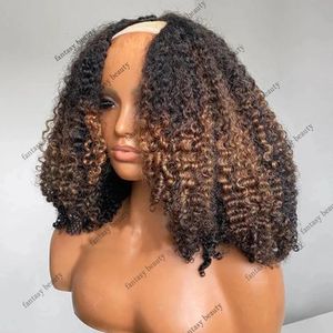 Afro kinky curly u del peruker ombre brun oprocesse 100% människohår höjdpunkt blond bouncy curly v del peruk 1x4 formad full ände