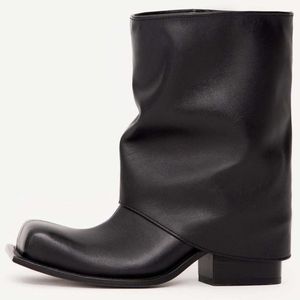 Outono e inverno novas botas de avental de cano grande grosso quadrado cabeça redonda cano curto botas femininas de couro genuíno sola grossa botas de cavaleiro de metal 231102