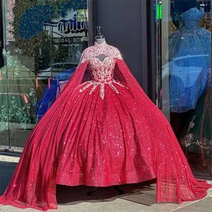Röd älskling bollklänning quinceanera för flickor pärlstav kristall födelsedagsfest klänningar med cape prom klänningar mantel de bal