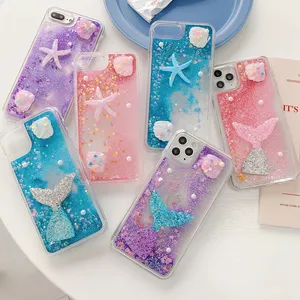 3D Starfish Shell Tail Pearl Quicksand Cases For Iphone 15 Plus 14 Pro Max 13 12 11 XR XS 8 7 Bling Heart Love Glitter Sparkle Floating Clear Liquid Soft TPU Phone Cover