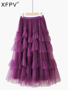 Skirts XFPV Fall Summer Fashion Elegant Purple Cake Skin Women's Full Matching Mesh Stitch High Waist Midi Faldas SM1982 230403