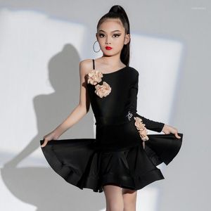 Stage Wear Single Sleeves Latin Dance Dress für Mädchen Black Split Suit Kinder Chacha Ballroom Competition Kostüm SL8189
