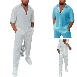 Tute da uomo Camicia a maniche corte Pantaloni lunghi Completi casual da spiaggia morbidi Uomo 2023 Bottone con risvolto bianco blu in due pezzi