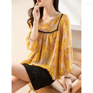 Blusas femininas de chiffon primavera impressão de retalhos de retalhos Moda de blusa larga de manga longa de tamanho grande camisa Tops Vintage elegante para mulheres roupas