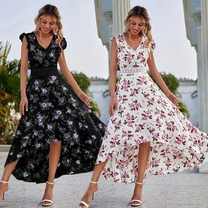 Casual Dresses Wyblz Summer Floral Printed Sleeveless Long Dress Sexig V Neck Lace Patchwork Print Maxi Elegant Party Club Evening