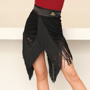 Salia de dança latina de pica -papo LACE SEXY LACE Black Fringe Mulheres praticam roupas Samba Salsa Performance Hip Lenf Bl5270