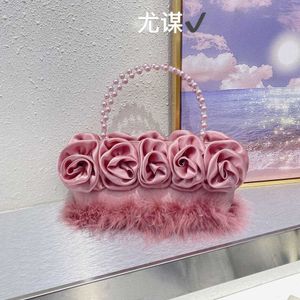 French Fairy Flower Handwoven Silk Vegetable Basket Tote Plush Pearl Bucket Bag Evening Party Handheld Bag 230401