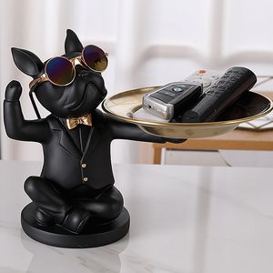 Decorative Objects Figurines French Bulldog Figurine Resin Dog Statue Butler with Metal Tray Living Room Decoration home Sculpture Craft Gift 230403