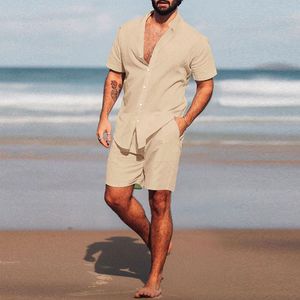 Men's Tracksuits Men's Hawaiian Set Summer Solid Color Stand Collar Short Sleeve Shirt Beach Shorts Streetwear High Quality 2-Piece Set 230403