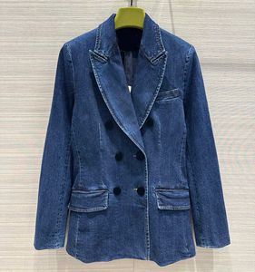 2023 Осенняя синяя однотонная куртка с длинными рукавами с лацканами и двойными карманами Двубортные куртки Пальто Короткая верхняя одежда Z3G312191