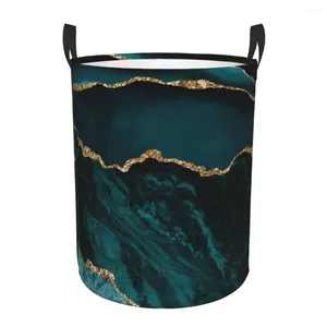 Laundry Bags Teal And Gold Veins Agate Marble Texture Basket Pure Luxury Gemstone Clothes Hamper For Baby Kids Toys Storage Bin