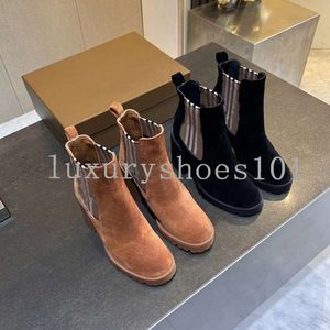 Botas de cuero a cuadros de diseñador para mujer, botines a rayas, zapatos marrones de lujo, botines de tacón grueso para invierno