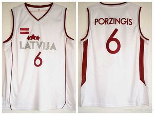 Billiga 6 Kristaps porzingis tröjor män Sport Latvija baskettröjor porzingis uniformer Team Color White College